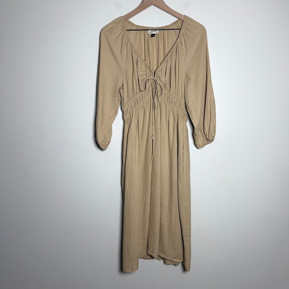 Universal Thread Women Linen Blend Dress M Tan Tie Front Smocked Cottagecore
